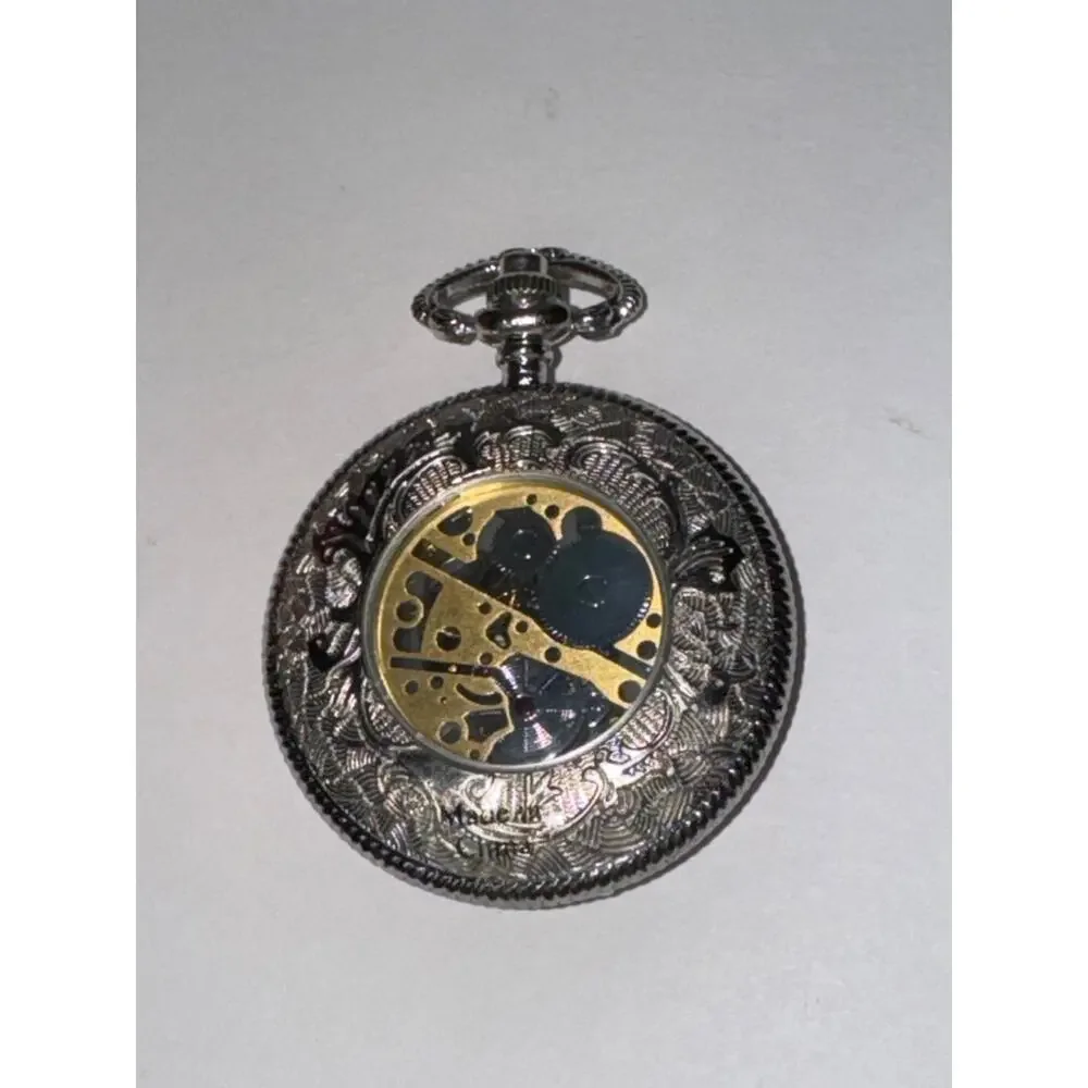 Kansas City Railroad Skeleton Pocket Watch Silver Tone Roman Numeral With‎ Tin
